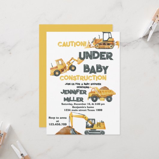 Bouw Gele Dump Truck Digger Baby shower Kaart (Voorkant / Achterkant in situ)