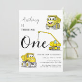 Bouw grappige voertuigen 1e verjaardag kaart (Staand voorkant)