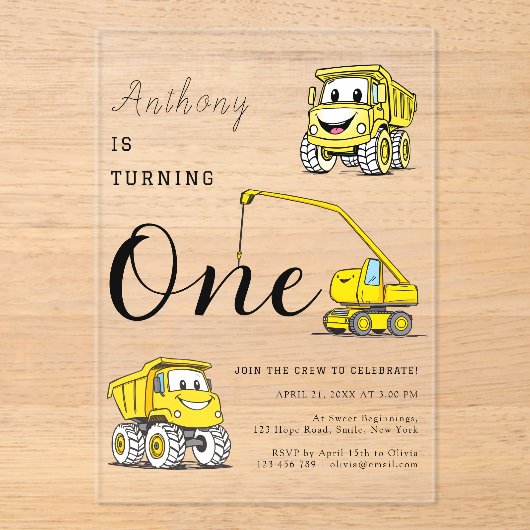 Bouw Grappige Voertuigen Jongens 1e verjaardag Acryl Uitnodigingen (Voorkant)