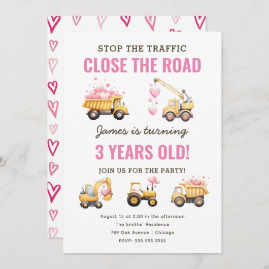 Bouw Roze Vrachtwagen Hart Verjaardag Uitnodiging (Voorkant / Achterkant)