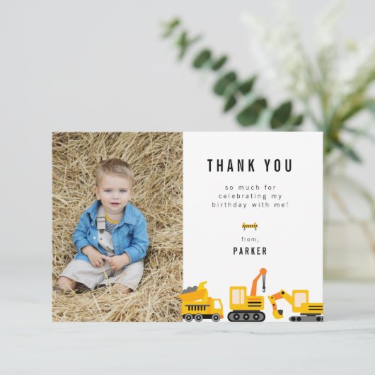Bouw Trucks Theme Birthday Foto Bedankkaart (Staand voorkant)