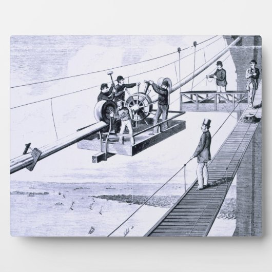 Bouw van de Brooklyn Bridge, New York (litho) Fotoplaat (Voorkant)
