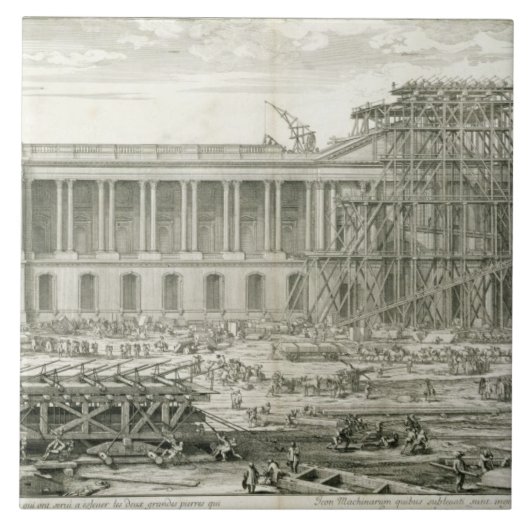 Bouw van de hoofdingang van het Louvre, Parijs Tegeltje (Voorkant)