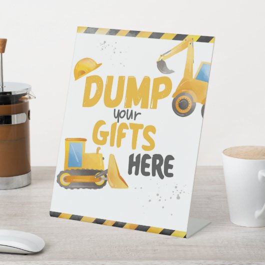 Bouw verjaardag - dump cadeaus hier reclamebord met voetstuk (Insitu)