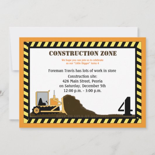 Bouw Zone Backhoe boys Birthday Invite Kaart (Voorkant)