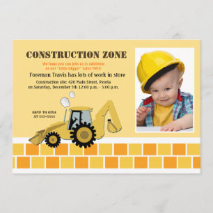 Bouw Zone Backhoe boys Birthday Invite Kaart