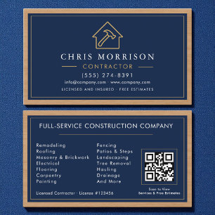 Bouwconstructie Navy Blauwe Gouden Houten QR-code Visitekaartje