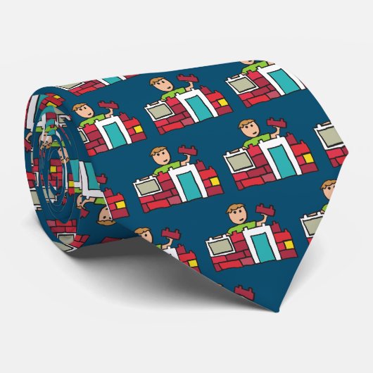 Bouwer bouwt huis met bouwstenen stropdas (Opgerold)