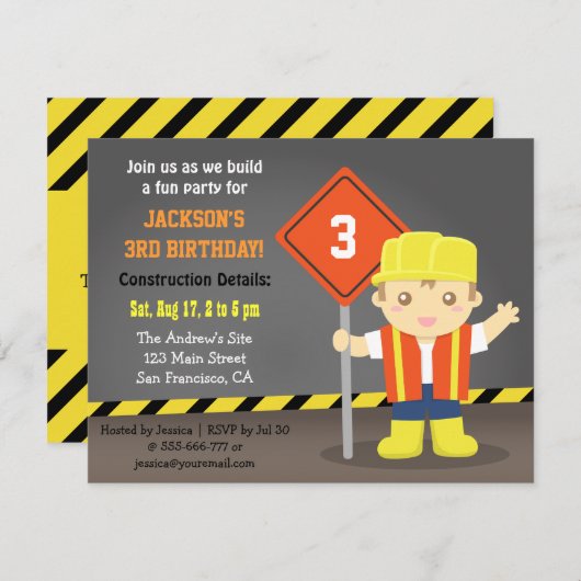 Bouwer Boy Construction Thema Verjaardagsfeest Kaart (Voorkant / Achterkant)