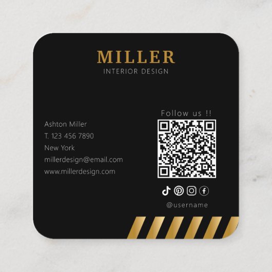 Bouwer QR Code Zwart & Metaalgoud Vierkante Visitekaartje (Achterkant)