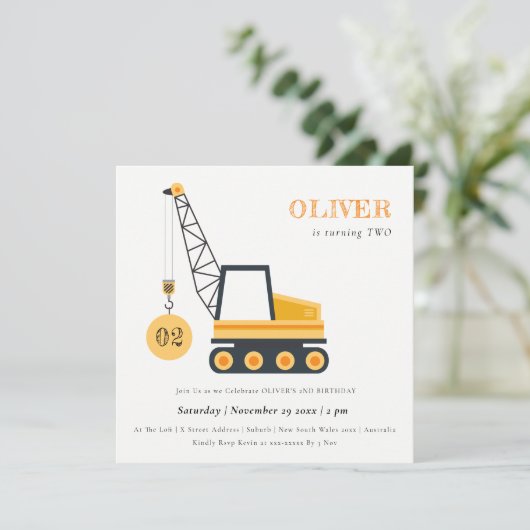 Bouwkraan Voertuig Elke zondag uitnodigen Bedankkaart (Staand voorkant)