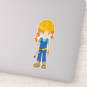 Bouwmeisje, Oranje haar, koffiemeisje, Hammer Sticker