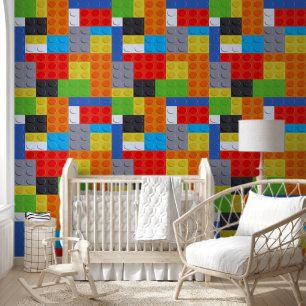Bouwsteen blauw groen rood wit peel en stick behang