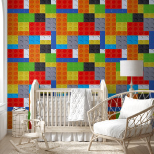 Bouwsteen blauw groen rood wit peel en stick behang