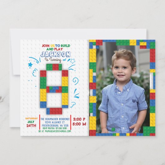 Bouwstenen Verjaardag Bricks 8 jaar Uitnodiging (Voorkant)