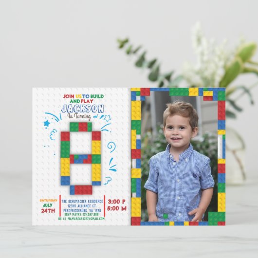 Bouwstenen Verjaardag Bricks 8 jaar Uitnodiging (Staand voorkant)