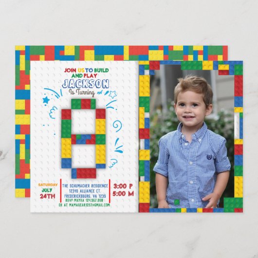 Bouwstenen Verjaardag Bricks 8 jaar Uitnodiging (Voorkant / Achterkant)