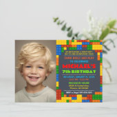 Bouwstenen verjaardagsfeest foto uitnodiging (Staand voorkant)