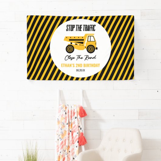 Bouwstortplaats Vrachtwagen Bulldozer Verjaardagsf Spandoek (Insitu)