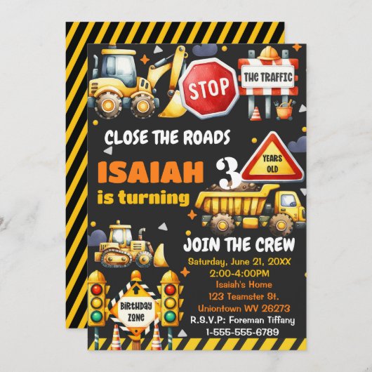 Bouwstortplaats vrachtwagen Verjaardagsfeestuitnod Kaart (Voorkant / Achterkant)