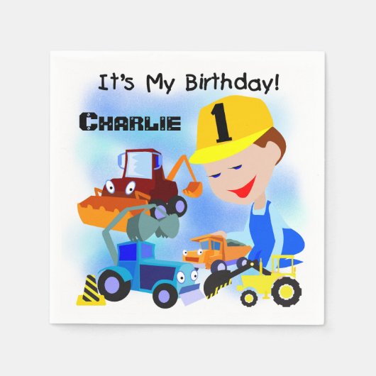 Bouwtrucks 1e verjaardag Papieren servetten (Voorkant)
