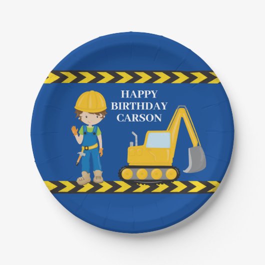 Bouwvoertuig Aangepaste bakens Birthday Papieren Bordje (Voorkant)
