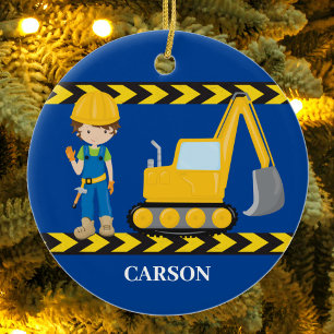 Bouwvoertuig Kool Blauwe Boys Aangepast Keramisch Ornament