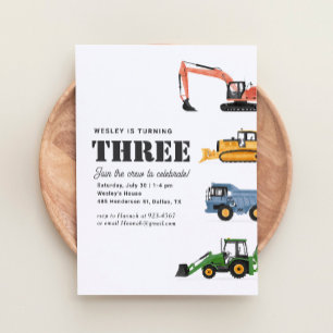 Bouwvoertuigen 3e verjaardagsfeestje kaart