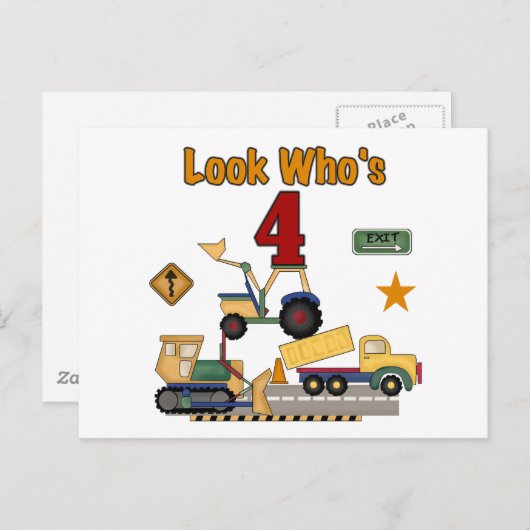 Bouwvoertuigen 4e verjaardag Tshirts Briefkaart (Voorkant / Achterkant)