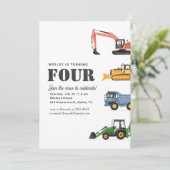 Bouwvoertuigen 4e verjaardagsfeestje kaart (Staand voorkant)