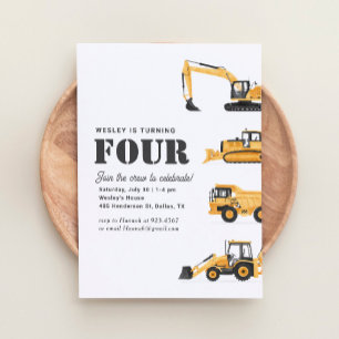 Bouwvoertuigen 4e verjaardagsfeestje kaart