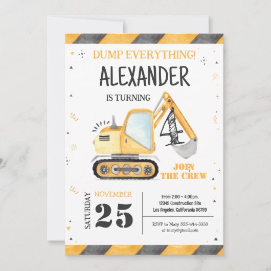 Bouwvrachtwagen Jongen Verjaardagsuitnodiging Kaart (Voorkant)
