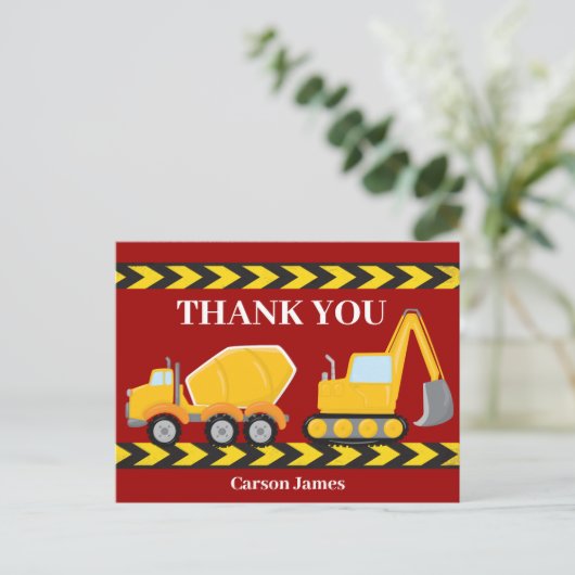 Bouwvrachtwagen Kids Verjaardagsfeestje Dank u Briefkaart (Staand voorkant)