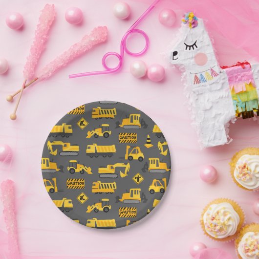 Bouwvrachtwagens Verjaardagspartij Patroon Grijs Papieren Bordje (Feest)
