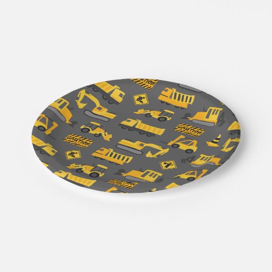 Bouwvrachtwagens Verjaardagspartij Patroon Grijs Papieren Bordje (Gekanteld)