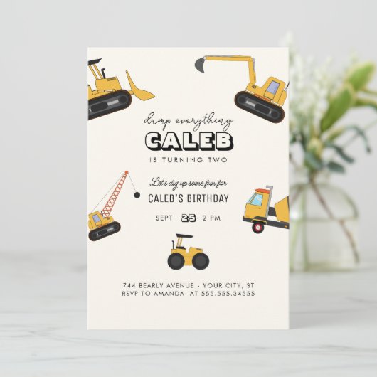 Bouwvuilniswagen Kids Verjaardagsfeest Uitnodiging (Staand voorkant)