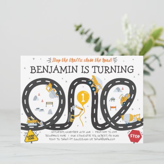 Bouwwegen 1e verjaardag uitnodiging (Staand voorkant)