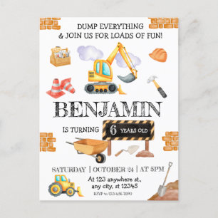 Bouwwerf Dumptruck Graafmachine Verjaardagsfeestje Briefkaart