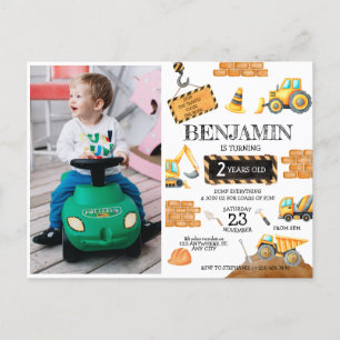 Bouwwerktuig vrachtwagens 1e verjaardagsfeestje briefkaart