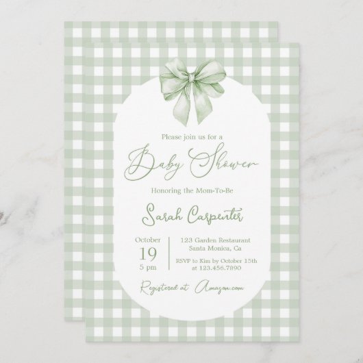 Bow Baby Shower Sage Green invitation with bow (Devant / Derrière)