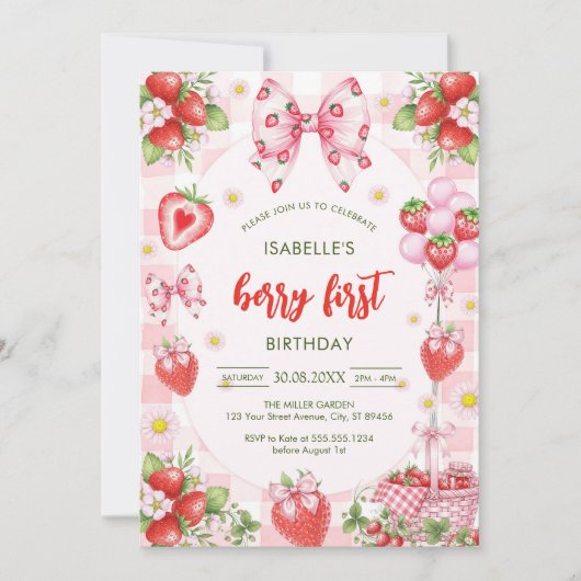 Bow Berry First Birthday 1st Birthday Invitation (Devant)