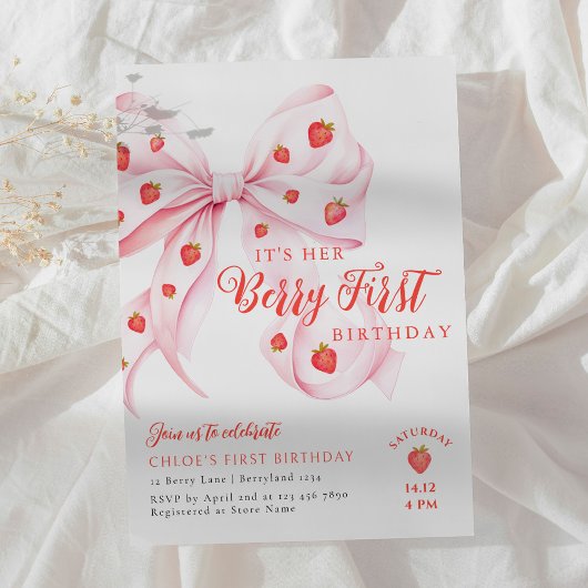 Bow Berry First Birthday Invitation