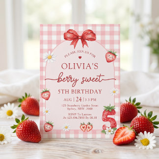 Bow Berry Zoete Meisje 5e Verjaardagsuitnodiging Kaart