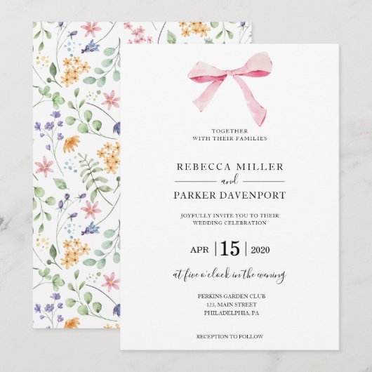 Bow bloemenelegante trendy bruiloft uitnodiging (Voorkant / Achterkant)