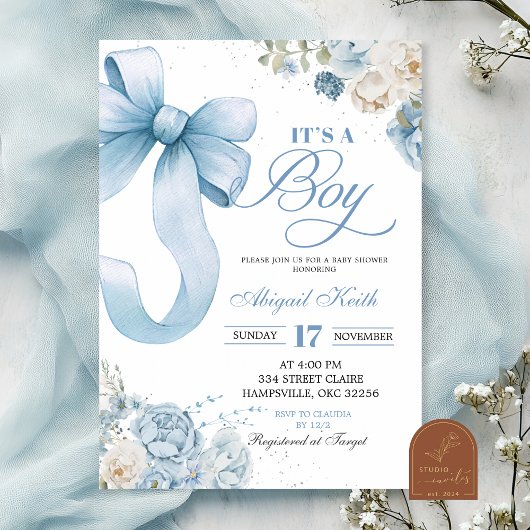 Bow Blue Coquette Boy Baby shower Invitation