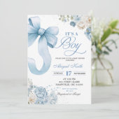 Bow Blue Coquette Boy Baby shower Uitnodiging (Staand voorkant)