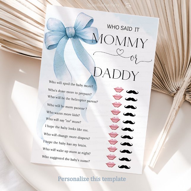 Bow Blue Mama of Daddy Baby shower Game Kaart (Bow Blue Mommy or Daddy Baby Shower Game Card)