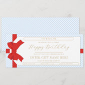Bow Blue Stripe Happy Birthday Gift Voucher Kaart (Voorkant / Achterkant)