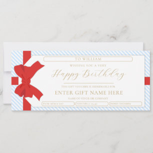 Bow Blue Stripe Happy Birthday Gift Voucher Kaart