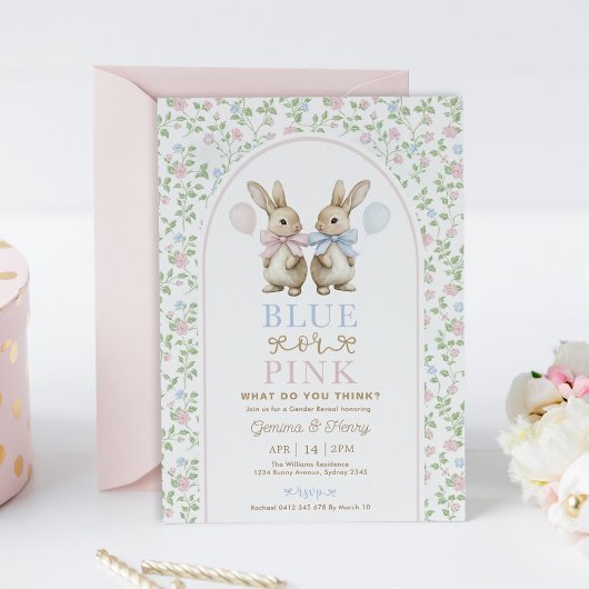  Bow Bunny Blue of Pink Gender Reveal Kaart